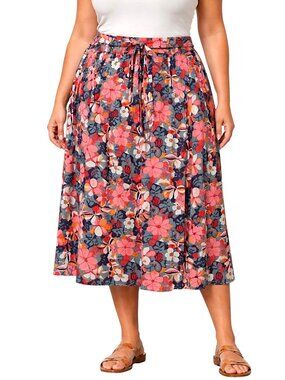 Floral Coral A-Line Skirt Tie Waist Pockets